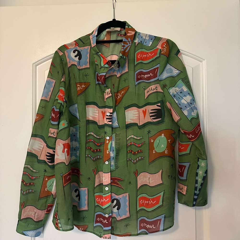 Sezane Green Patterned Button Down Shirt